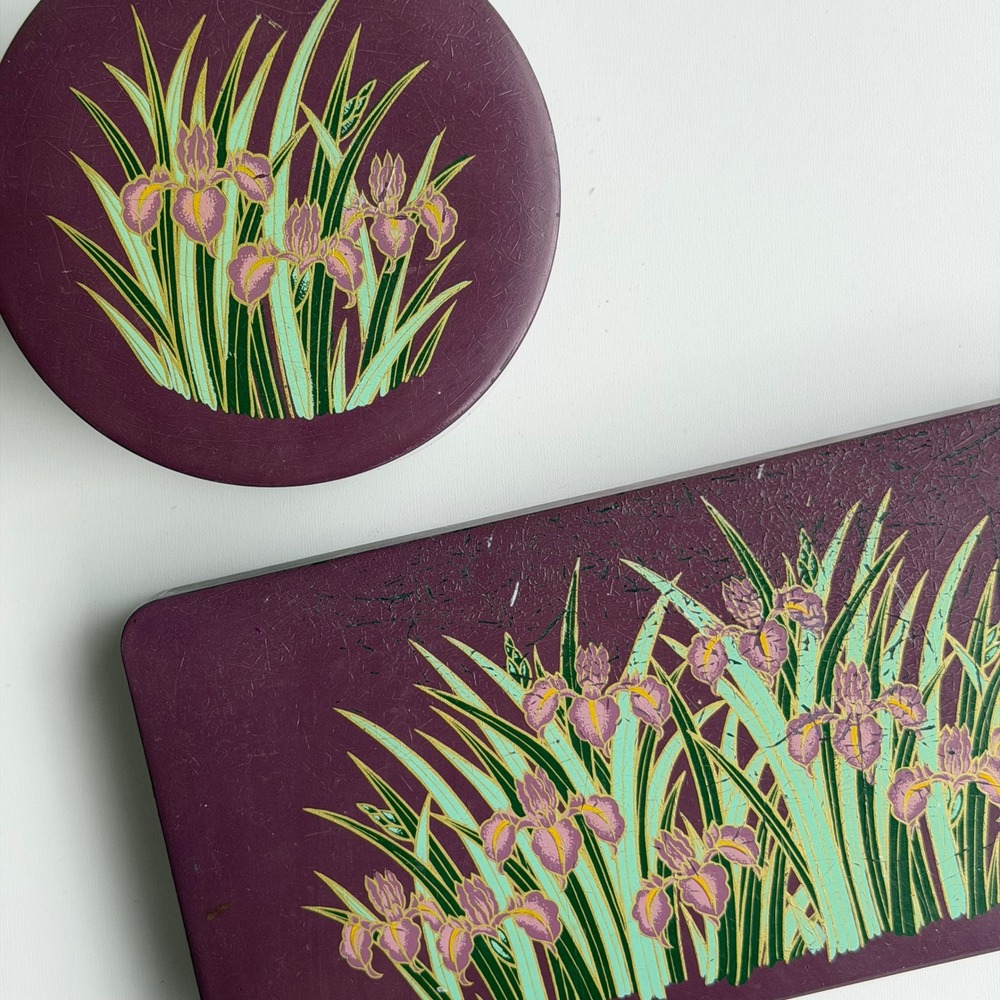 Vintage Toyo Iris Lacquer Ware Trinket‎ Box Set Purple Floral Japan